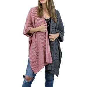 Dual Toned Open Front Poncho Knitted Wrap Pink/Grey Chenille Super Soft Cozy NEW